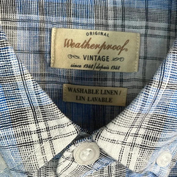 WEATHERPROOF NWT Mens Linen Blue Plaid Short Sleeve Button Down Shirt Preppy S - Picture 10 of 14